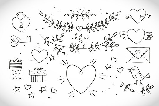Love decorative vintage elements on white background. Hand drawn collection with heart, wings, branch with leaves, bird, gift, lock, key, letter and lettering. Doodle set, cartoon romantic objects
