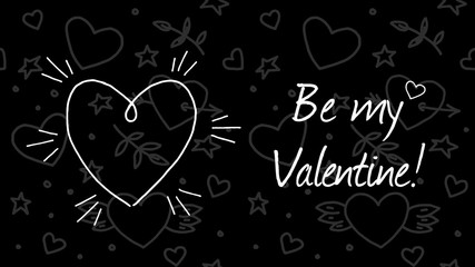 Seamless doodles Valentine's pattern. Cartoon romantic objects: heart, wings, branch with leaves bird, gift, lock, key, letter on black background. Love signs, design elements and symbols. Vector