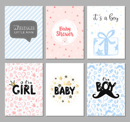 Vector set of 6 color baby shower cards for girls and boys. It's a boy card. It's a girl. Hello baby card. Vector invitation with cute pattern, balloon, gift. Baby arrival and shower collection.