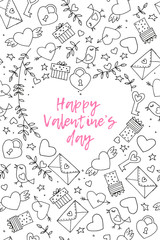 Seamless doodles Valentine's pattern. Cartoon romantic objects: heart, wings, branch with leaves bird, gift, lock, key, letter on white background. Love signs, design elements and symbols. Vector