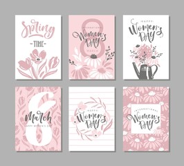Set of six greeting cards for international womens day with сalligraphic hand written phrase. Eight march. Hand drawn elements. Vector design.