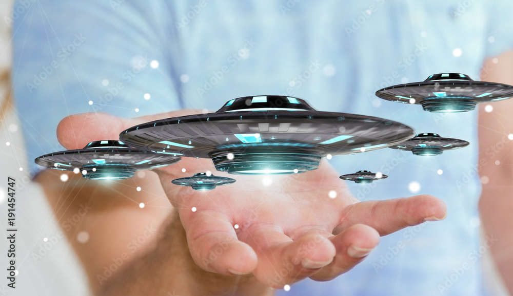 Poster businessman with retro ufo spaceship 3d rendering