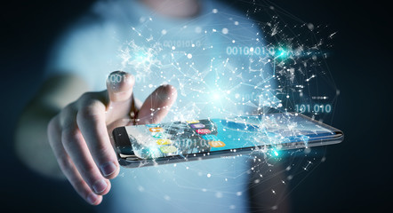 Businessman using digital binary code on mobile phone 3D rendering