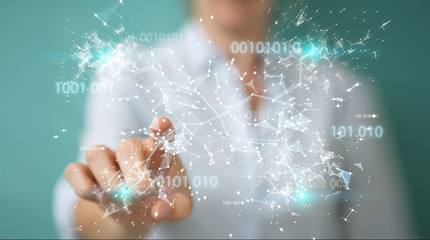 Businesswoman using digital binary code connection network 3D rendering