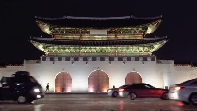 Night view of Gwanghwamun and road, Seoul. Accelerated time