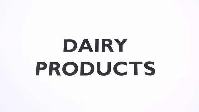 DIARY PRODUCTS prohibition symbol, lactose free, animal food ban writing copy space. No milk, intolerance and allergy, veggie style, negative sign white background. Concept of healthy lifestyle