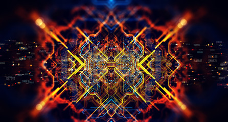 Printed circuit board in the server  executes the data/Abstract technological background made of different element printed circuit board and flares. Depth of field effect and bokeh