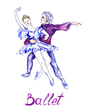 Classic  ballet dancing couple, hand painted watercolor illustration with inscription isolated on white