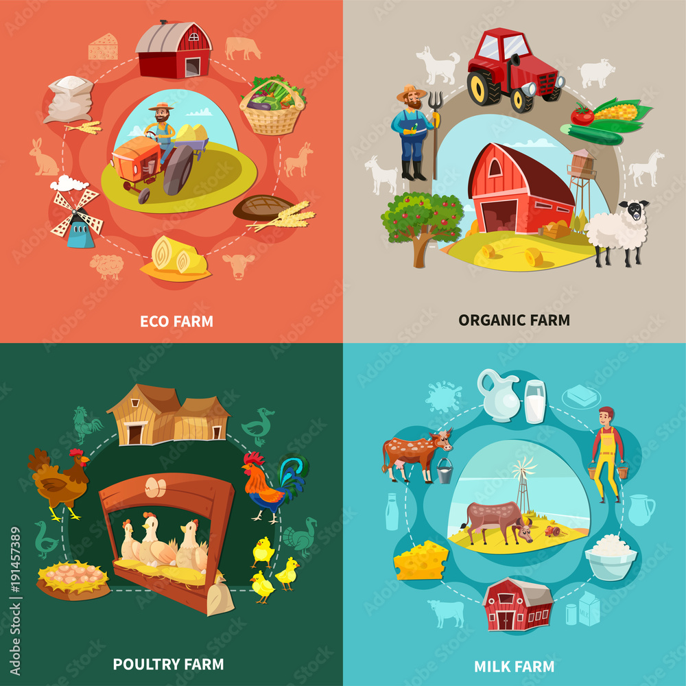 Poster Farm Cartoon Concept Set