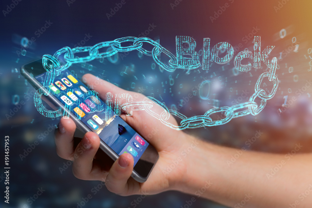 Poster blockchain title with a cahin made of data number - 3d render