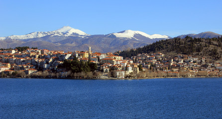 Fototapeta premium Scenic view of Kastoria town and the famous Orestiada lake in Greece