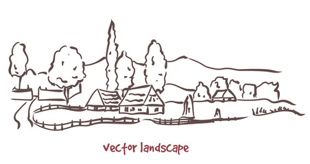 handwritten sketch of rural landscape