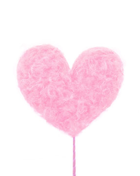 Pink delicious heart made of sweet cotton candy isolated on white background. Trendy minimal art style.