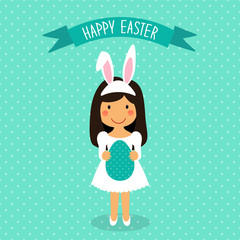 Cute Easter card with funny cartoon character of girl with Egg in hands