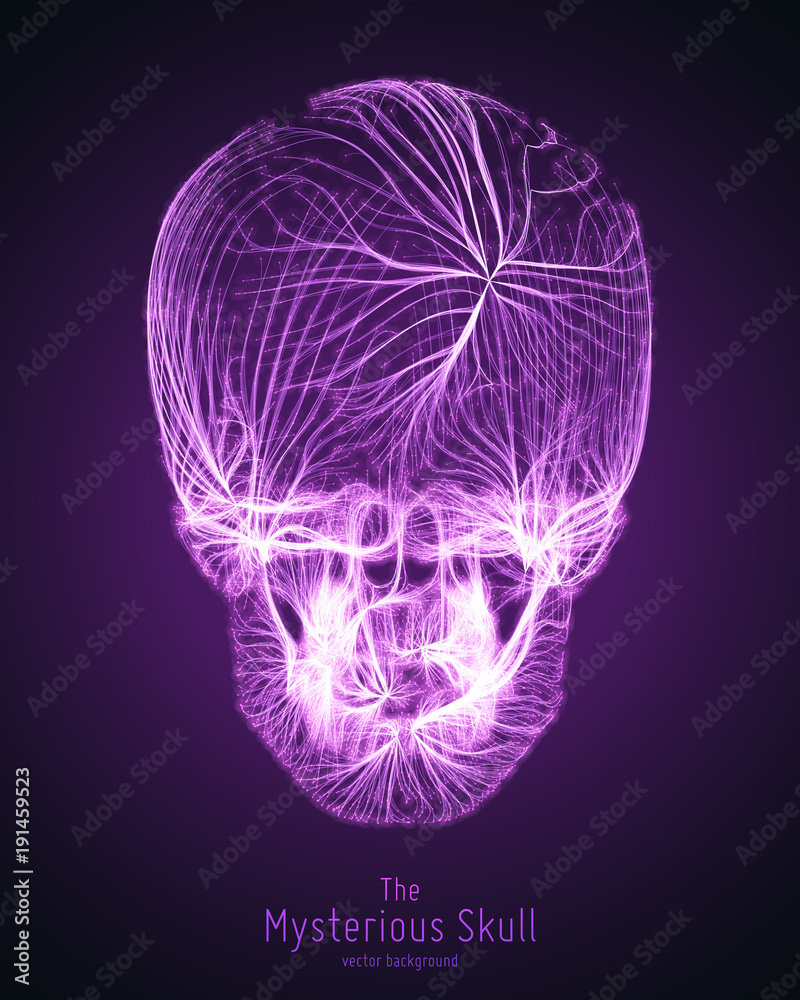 Poster vector skull constructed with violet lines. mysterious source of life background. internet security 