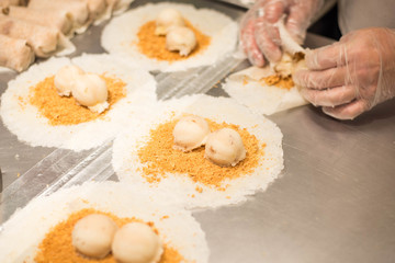 Peanut ice cream spring rolls dessert of Taiwanese. Taiwan street food at Jiufen old street.