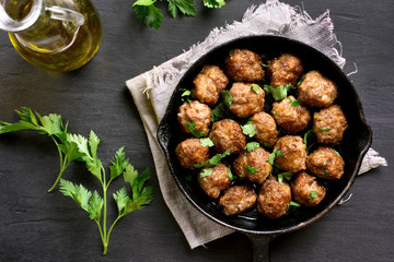 Meatballs in frying pan, top view