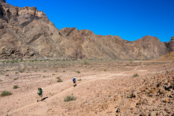 Two hikers walking long a path in the desert of the Fish River Canyon in Namibia - 191461102