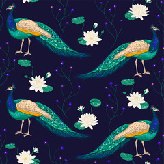 Seamless pattern with peacock and water lily. Vintage vector illustration in watercolor style