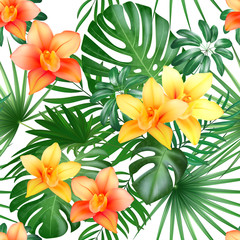 Tropical seamless pattern with palm leaves and flowers. Vector illustration.