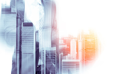 Obraz premium Double exposure of businessman and Hong Kong city view with sunlight