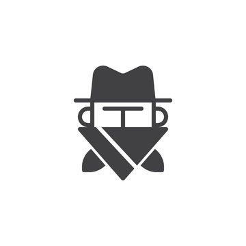 Robber in mask icon vector, filled flat sign, solid pictogram isolated on white. Cowboy bandit in hat symbol, logo illustration.