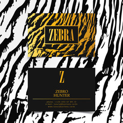 Luxury fashion business cards vector template, banner and cover with golden zebra texture pattern gold details on white. Branding and identity graphic design © volmon