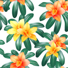 Vector botanical seamless pattern with tropical leaves, orchid flowers and butterflies on black. Background design for cosmetics, spa, wedding, web page. Best for hawaiian style print, wrapping paper