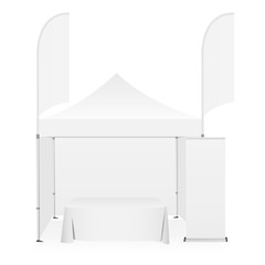 Outdoor canopy tent with two sided banner flags, demonstration table and roll-up stand. Equipment for business or organization stands during the outdoor events. Vector illustration