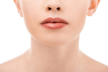 Obraz premium partial view of woman with beautiful lips, isolated on white