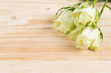 three white roses lie on a wooden background, place for an inscription