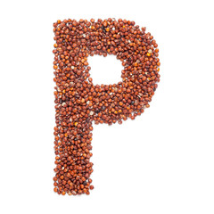 Organic Red Quinoa seed (Chenopodium quinoa) in P Shape for protein. Isolated on White Background. Micro Closeup, Top view.