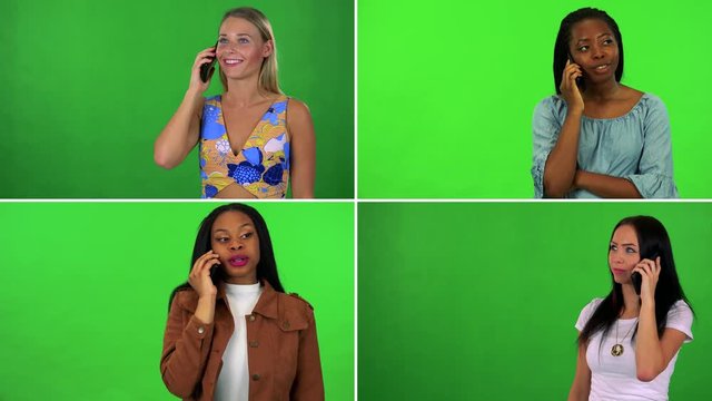 4K compilation (montage) - four women talk on smartphones - green screen