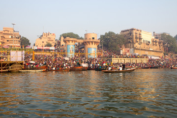 Fototapeta na wymiar Varanasi Ghats, Diwali Festival, Ganges River and Boats, Uttar Pradesh, India 