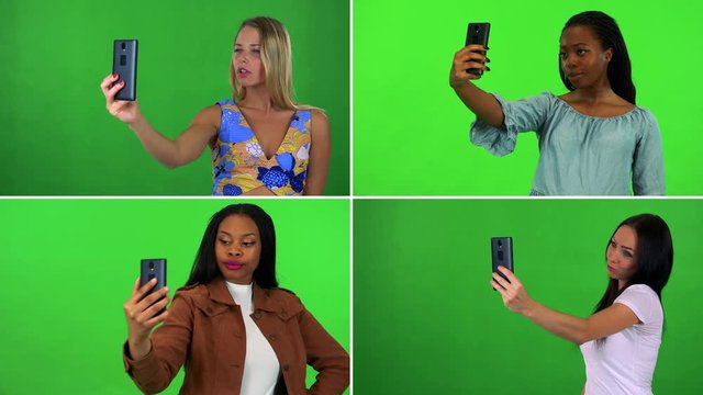 4K compilation (montage) - four women take selfies with smartphones - green screen