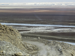 Dead Sea, Israel, panorama of the Jordan River and the salt crust on the coast of the Dead Sea