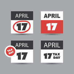 Set of USA Tax Day Reminder Concept Icons, Calendar Design Templates - Tax Deadline, Due Date for Federal Income Tax Returns: 17 April 2018