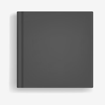 Square vector black realistic book, closed organizer or photobook cover mockup. Front view of notepad or diary with binding template for catalog, children book, menu