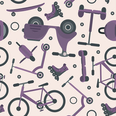 Pale violet seamless pattern with fashion teenager cycling city transport on pale background. Urban eco transport bike, skate, scooter texture for textile, wrapping paper, package