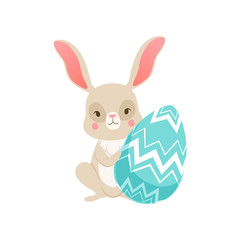 Cute cartoon bunny sitting holding blue egg, funny rabbit character, Happy Easter concept cartoon vector Illustration