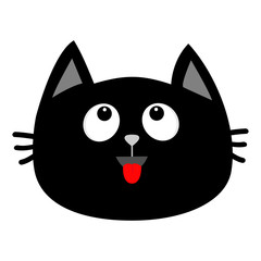 Black cat head face icon looking up. Red tongue. Surprised emotion. Cute cartoon character. Pet baby collection card. Flat design. Isolated. White background.