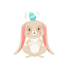 Cute cartoon bunny with egg on its head, funny rabbit character, Happy Easter concept cartoon vector Illustration