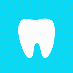 Healthy white tooth icon. Oral dental hygiene. Children teeth care. Whitening Blue sunburst starburst background with ray of light. Flat design.