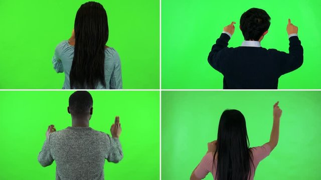 4K compilation (montage) - four people work on an interactive board - green screen
