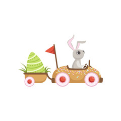 Cute little bunny driving car with green egg, funny rabbit character, Happy Easter concept cartoon vector Illustration
