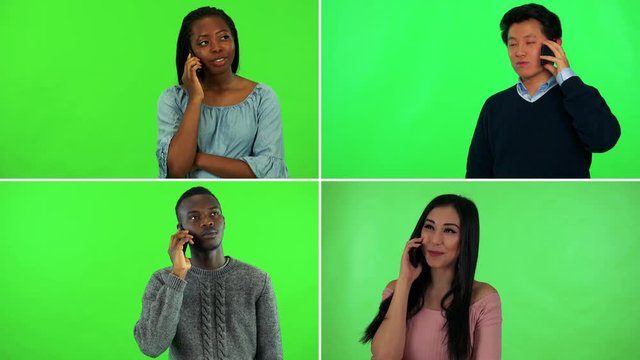 4K compilation (montage) - four people talk on smartphones - green screen