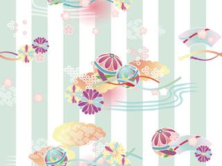 Seamless tradtional japanese kimono pattern. For children and girls. Balls,  chrysanthemum and ougi on pale green vertical stripes background.