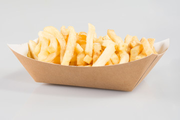 cardboard box chips French fries in takeaway dish of snack
