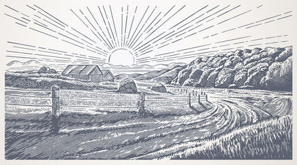 Ländliche Landschaft mit Dorf im Gravurstil. Handgezeichnet und in Vektor-Illustration umgewandelt