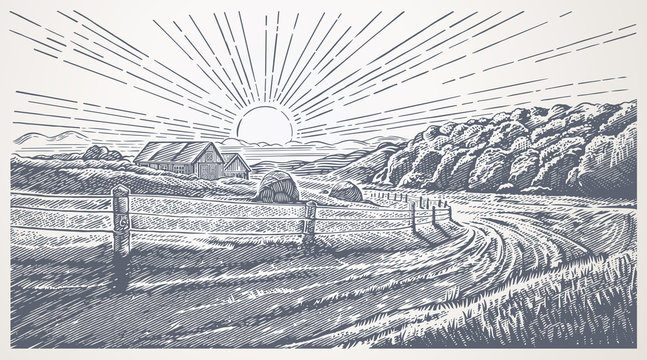 Rural landscape with village in engraving style. Hand drawn and converted to vector Illustration